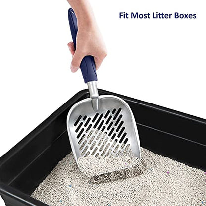 Cat Litter Scoop, Aluminum Alloy Sifter, Kitty Metal Scooper, Deep Shovel with Diagonal Sifting Hole, Long Handle, Kitten Poop Lifter for Litter Box, Large Size, Blue Handle - color: #01 Blue, size: Large