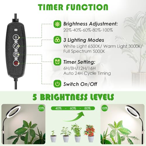 LBW Grow Light with Stand for Indoor Plants, 8" Halo Full Spectrum Grow Light, Adjustable Height up to 68", Auto Cycle Timer (4/8/12H), 6-Level Dimmable, Plant Light for Indoor Growing - size: 1 Head 8" Large Black