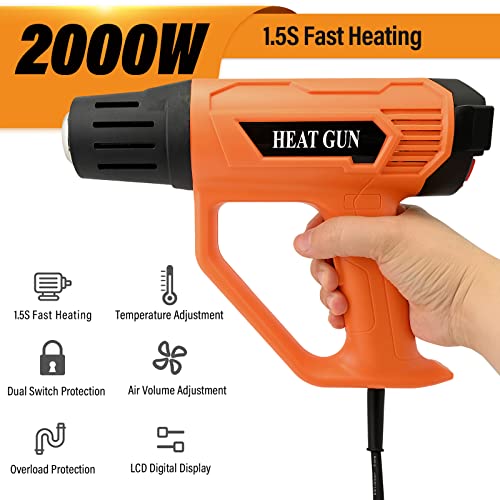 FOSHIO Heat Gun 2000W Hot Air Gun Kit with Large Digital LCD Display Variable Temperature Control 122℉~1202℉（50℃- 650℃）with 4 Nozzles, Overload Protection for Vinyl Wrap, Crafts, Shrink Tubing