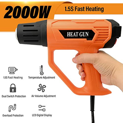 FOSHIO Heat Gun 2000W Hot Air Gun Kit with Large Digital LCD Display Variable Temperature Control 122℉~1202℉（50℃- 650℃）with 4 Nozzles, Overload Protection for Vinyl Wrap, Crafts, Shrink Tubing