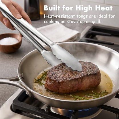 OYV Seamless Tongs for Cooking, One-Piece Design, Durable Heat Resistant Stainless Steel Tongs for Kitchen, Grill, BBQ, Salad, Dishwasher Safe, Metal Tongs Set (12" & 9") - color: Platinum Silver