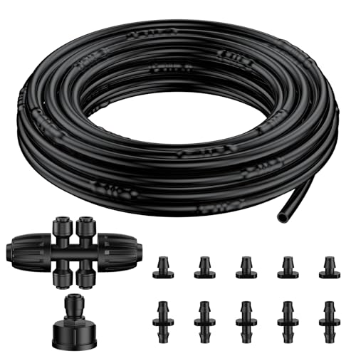 Pawfly 25 ft 1/4 Drip Irrigation Tubing, 1/4" Emitter Tubing with 6" Spacing, Polyethylene Drip Line with 12 Parts, Black Distribution Tubing for Drip Irrigation System, Drip Irrigation Hose Roll - size: 25 FT Kit with Emitters Drip Irrigation Tubing