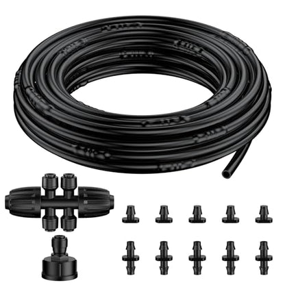 Pawfly 25 ft 1/4 Drip Irrigation Tubing, 1/4" Emitter Tubing with 6" Spacing, Polyethylene Drip Line with 12 Parts, Black Distribution Tubing for Drip Irrigation System, Drip Irrigation Hose Roll - size: 25 FT Kit with Emitters Drip Irrigation Tubing