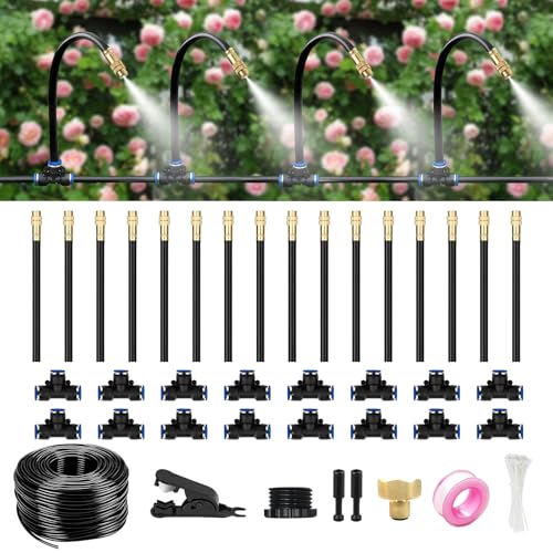 50FT Drip Irrigation System for Garden – Automatic Watering Kit with Solid Brass Metal Connectors, 360° Bendable Tubing &16 Adjustable Nozzles for Greenhouse, Lawn, Yard & Plants - size: 50 FT
