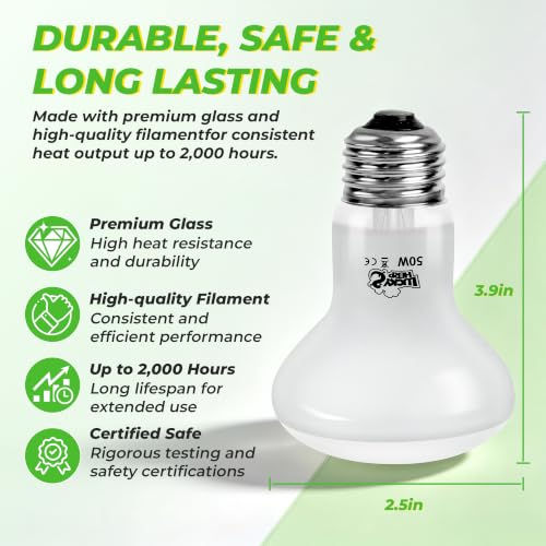 LUCKY HERP Reptile Heat Lamp Bulbs 50W, UVA Daylight Basking Bulbs 2 Pack | Fast Heating, Simulates Natural Sunlight, Ideal for Bearded Dragons Geckos Lizards Turtles Chameleons Amphibians Chickens - size: 50