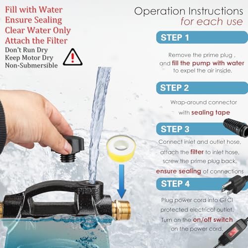Water Transfer Pump, KITLUCK 120V 1/2 HP 1500GPH Cast Iron Portable Electric Utility Water Pump, Heavy Duty High Pressure Transfer Pump with ON/OFF Switch, Suction Strainer and Brass Connectors - style: 1/2HP