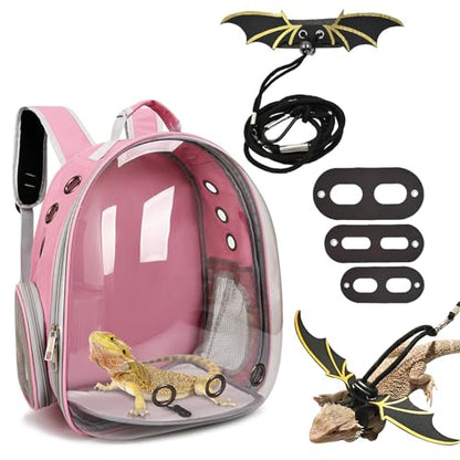 kathson Bearded Dragon Carrier with Harness and Leash Set, Large Reptile Travel Carrier Portable Lizard Backpack Clear Small Animals Carrying Bag for Gecko Hamster Rabbit Hedgehog Kitten (Pink) - color: Pink