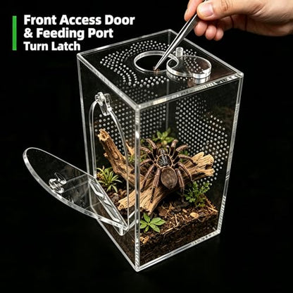 Cycodo Jumping Spider Enclosure,Seamless Escape-Proof Tarantula Terrarium,Anti-Warp Thickened Acrylic Insect Cage with Front Door & Feeding Port for Mantis,Hermit Crabs,Snail,Micro Reptile,5 * 5 * 8"