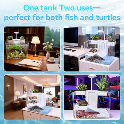 Small Turtle Tank Kit, Acrylic Turtle Starter Kit with Adjustable Lamp & Filter, Plastic Aquarium, for Turtles Crabs Crayfish Small Reptiles (with Light)