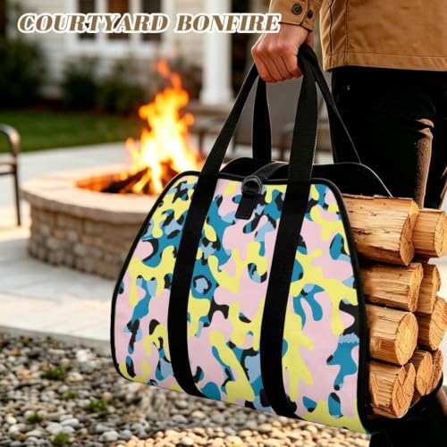 Sweet Camo Print Wood Transport Sack Firewood Tote | with Reinforced Handles, Large Capacity, Open-Ended Design, for Stoves, Fire Pits and Long Camping Trips - color: Pink Yellow Blue Sweet Camo Print