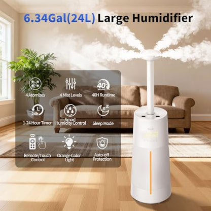 Humidifier for Large Room-6.3Gal Cool Mist, Top Fill,3000ft²,Beige | Commercial Humidifier with 4X Atomizers,1500mL/h Mist Output with Auto Mode,40H Runtime,Quiet Humidifiers for Bedroom & Plant - color: Beige