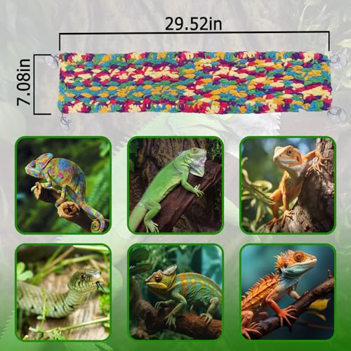 QWR 30" x 7" Hand-Knitted‌ Soft Reptile Lizard Hammock,Lengthened Thicker Hammock for Bearded Dragon Tank Swing Hanging with Strong-Adhesive Hooks,Breathable Bed for Gecko Chameleon(Rectangular)