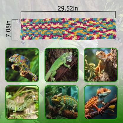 QWR 30" x 7" Hand-Knitted‌ Soft Reptile Lizard Hammock,Lengthened Thicker Hammock for Bearded Dragon Tank Swing Hanging with Strong-Adhesive Hooks,Breathable Bed for Gecko Chameleon(Rectangular)