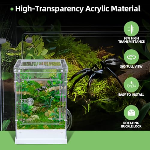 Jumping Spider Enclosure, Clear Acrylic Terrarium for Tarantula | 360° Full View Habitat w/ Dual Doors, Tri-Vents; High Transparent, Non-Yellowing Acrylic; Easy Clean; Full Breeding Kit