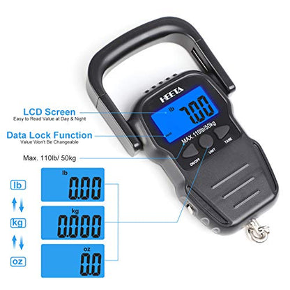 HEETA Fish Scale Digital Fishing Luggage Weight Scale with Measuring Tape | Up 110lb/50kg Portable Hanging Scale with Backlit LCD Display for Home Farm Outdoor Hunting Fishing, 2 AAA Batteries Included - color: Black