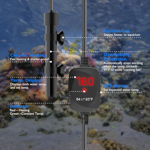 Mini Aquarium Heater 25W Super Small Fish Tank Heater with Digital Display Thermostat, Alumina Ceramic Betta Tank Heater Turtle Heater for 3-5 Gallon Tanks - size: For Aquariums ≤ 5 Gal