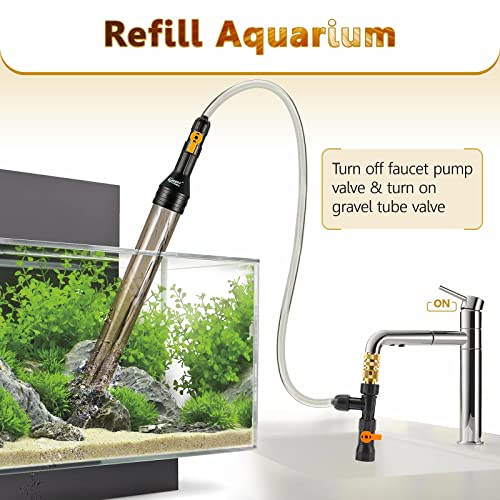 hygger Bucket-Free Aquarium Water Change Kit Metal Faucet Connector Fish Tank Vacuum Siphon Gravel Cleaner with Long Hose 33FT Drain & Fill - size: 33 Foot(Pack of 1)