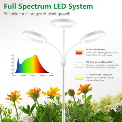 Aumtrly 3 Head Grow Light Full Spectrum LED for Tall Indoor Plants Growing | 68" Adjustable Floor Stand, 6/12/16H Timer, 5 Dimming Levels, Large White Halo Lamp Design, Flexible Gooseneck, Metal Base - size: 3 head 68inch/white