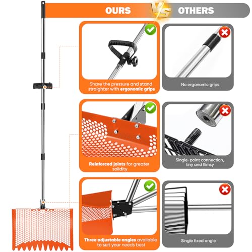 12inch Chicken Poop Scooper & Rake 2-in-1 with Adjustable Handle | Heavy Duty Metal Chicken Coop Scoop for Sand, Adjustable Angle Stainless Steel Chicken Coop Rake Sifting Shovel 37-64",Orange - color: Orange