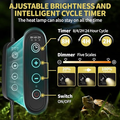 GOZILLA Reptile Heat Lamp, Turtle Lamp with 360°Rotatable Timing & Dimming Cycle Timer, 25W+50W UVA/UVB Reptile Light Bulbs for Reptile and Amphibian Tanks, Terrariums and Cages.(White) - color: Timer Dimmer-White