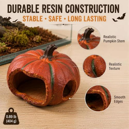 Gecko Hide, Reptile Hide, Resin Pumpkin Cave for Small Reptiles, Lizard, Spider, Gecko, Terrarium Decor Shelter, Halloween Style Habitat Ornament, 1 Pack