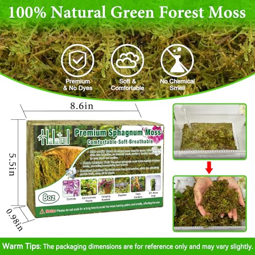 Halatool 8 OZ Natural Green Forest Moss, 12 QT Long Fiber Sphagnum Moss | No Dyes, Water Retention & Areation, Dried Orchid Moss for Potted Plants Indoor & Outdoor, Orchids Repotting, Terrariums - size: 8 oz