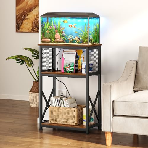Snughome 10 Gallon Fish Tank Stand with Power Outlets, Aquarium Stand with Storage, 3 Tier Heavy Metal Reptile Tank Stand Fish Tank Shelf 20.47" x 11.42" x 30.91", Rustic Brown - color: Rustic Brown with Power Outlet