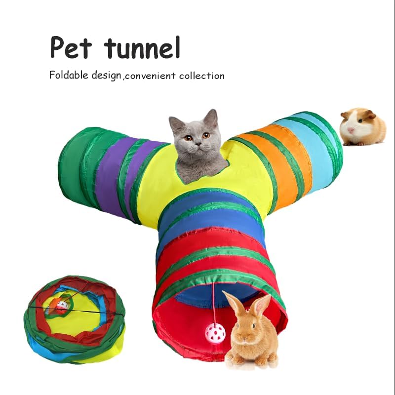 3-Way Collapsible Cat Tunnel Tube Toy Rainbow Y — Interactive Play Tunnel with Hanging Ball & Peek Hole for Indoor Cats, Kittens, Puppies & Rabbits | Hours of Fun & Exercise - color: Rainbow Y
