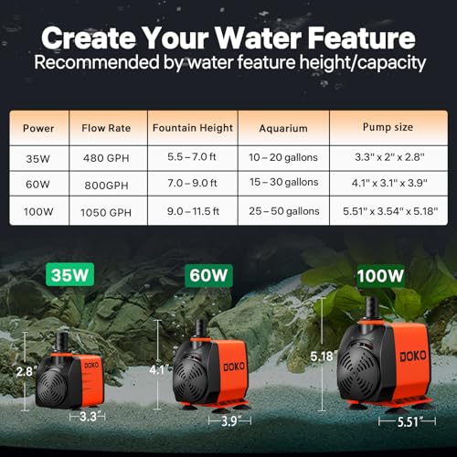 DOKO 480GPH Submersible Water Fountain Pump for Pond, Aquarium, Hydroponic | 1800L/H 35W Ultra Quiet Water Pump with 8.2ft Lift Height, 6FT Power Cord and 3 Nozzles for Fish Tank & Statuary - size: 35W 480GPH