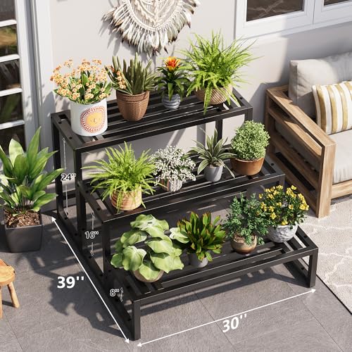 Metal Heavy Duty Plant Stand Indoor Outdoor,3 Tier Ladder Plant Stands Riser,Wrought Iron Plant Shelves for Multi Large Pots,Black Tiered Flower Display Holder for Living Room,Patio,1-Pack
