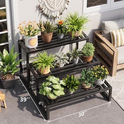 Metal Heavy Duty Plant Stand Indoor Outdoor,3 Tier Ladder Plant Stands Riser,Wrought Iron Plant Shelves for Multi Large Pots,Black Tiered Flower Display Holder for Living Room,Patio,1-Pack