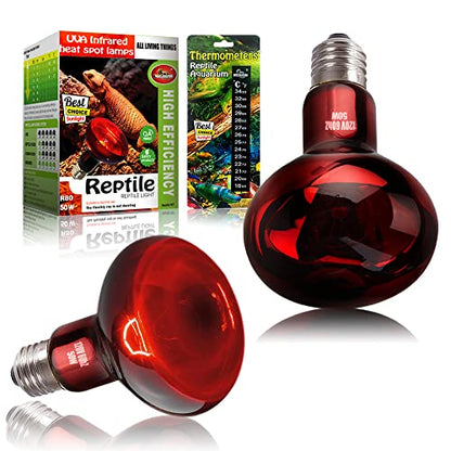 2 Pack 50w Reptile Heat Lamp Bulb Infrared Basking Spot Heat Lamp for Reptiles & Bearded Dragon Amphibian, Chicks, Dog Heating Use with Stick-on Digital Temperature Thermometer - style: 50W(2 Pack)