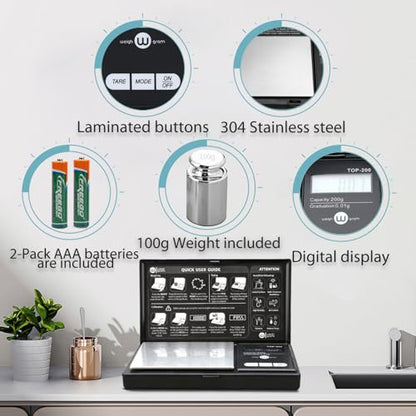 Digital Pocket Gram Scale 200g x 0.01g High Precision with 100g Calibration | Mini Scale Weighs Kitchen Small Food, Jewelry, Ounces, Grains, LCD Display, Tare Function With 100g Calibration Weight - size: 200g / 0.01g (Model: TOP-100)
