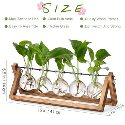 YIBOT Plant Propagation Stations with Wooden Stand & 5 Glass Bulb Vases | Tabletop Plant Terrarium for Propagating Hydroponic, Retro Glass Planter Flower Vase Home Kitchen Office Decor Gifts - size: 5Bulb-A