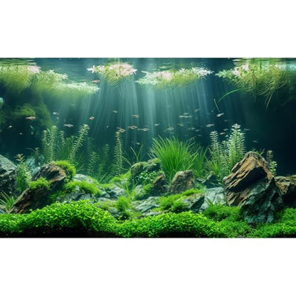 Underwater Aquarium Background Undersea Aquatic Plants Fish Tank Background Under The Sea Marine Life Sunbeam Terrarium Backgrounds Green Sea Grass Moss Rock Scene Reptile Tank Backgrounds 24x12in - color: Dark_Green, size: 24(W)x12(H)in