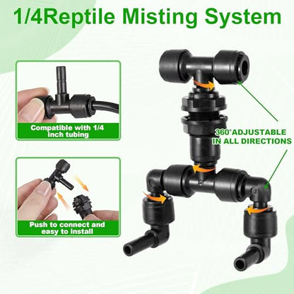 14 Pack 1/4" Reptile Mister System Fittings Irrigation Quick Connect, Push to Connect Reptile Mister Fittings,8 Elbows,4 Tees,and 2 Bulkhead,360 Degree Adjustable for Aquarium,Vivarium,Plants - size: 14 Pack Mister Fittings Kit