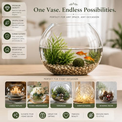 Glass Bubble, 6" Height x 8" Width Glass Fish Bowl Vase, Bubble Bowl vase for Terrarium, Flower vase Centerpiece - size: Bubble Bowl : 5.8" Height x 8" Width