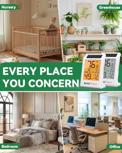 BALDR 2-Pack Indoor Thermometer Humidity Meter with Backlight Solar Powered | Room Temperature Monitor with Comfort Indicator & Max Min Records Digital Hygrometer for Home Bedrooms Office, Battery Backup