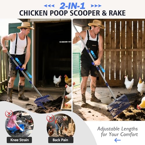 15” Extra Large 2-in-1 Chicken Poop Scooper & Rake with Ergonomic Grip, Metal Goat Chicken Coop Pooper Scooper for Sand with Adjust 38”-77” Stainless Steel Handle, Wide Sifting Shovel Cleaning Tools