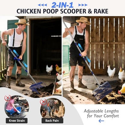 15” Extra Large 2-in-1 Chicken Poop Scooper & Rake with Ergonomic Grip, Metal Goat Chicken Coop Pooper Scooper for Sand with Adjust 38”-77” Stainless Steel Handle, Wide Sifting Shovel Cleaning Tools