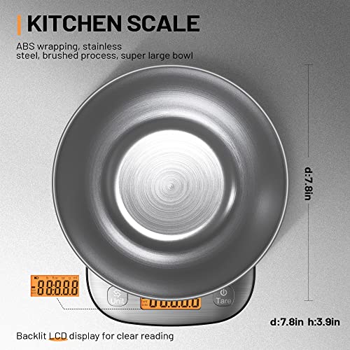 GRAM PRES Food Kitchen Scale Digital Weight Grams and Oz 11lb/0.01oz | With IPX6 Waterproof，Professional Stainless Steel Digital Kitchen Food Scale With Bowl For Weight Loss Dieting Baking Cooking