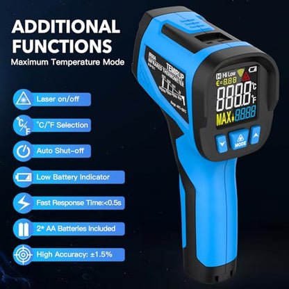 Infrared Thermometer Temperature Gun - TEMIRUP Non-Contact Digital Laser Thermometer Temp Gun with Thermocouple Probe for Industrial, Cooking, Griddle, Engine, HVAC, Adjustable Emissivity,-40℉~1202℉ - color: Blue, size: R06A -40℉~1202℉(-40℃~650℃)
