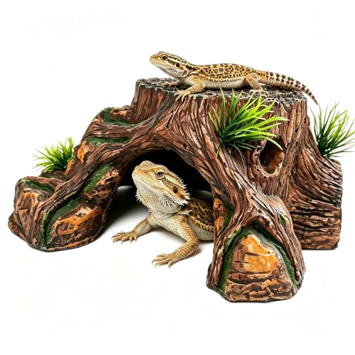 Bearded Dragon Tank Accessories, Bearded Dragon Hide Cave with Basking Platform, Simulated Rock Tree Stump Terrarium Decoration, Suitable for Lizards, Snakes ande Turtles - color: Roots & Rocks, size: L