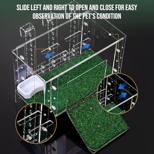 Gerrii Adjustable Turtle Basking Platform with Non-Slip Artificial Grass Ramp, 11.2 x 6.3 x 5.5 in Clear Acrylic Aquatic Turtle Topper Tank, Hanging Reptile Resting Dock with Feed Bowl for Aquarium