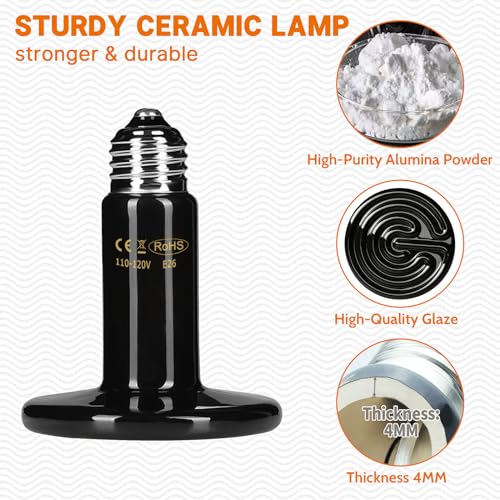 50W Ceramic Heat Emitter - No Light Reptile Heat Lamp for Amphibians, Lizards, Chickens, Turtles, Snakes - Infrared Heat Emitter Bulbs for Terrariums, Brooder Coops, and Tanks