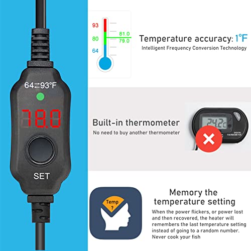 YukiHalu Small Submersible Aquarium Heater, Adjustable Mini Fish Tank Heater 25W 50W 100W 200W 300W with External Temperature Controller, LED Display, Used for 5/10/20/40/60 Gallons (100 Watts) - size: 100 Watts