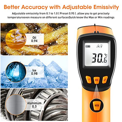 Laser Thermometer Infrared Temp Gun with Self Calibration -58°F to 1022°F (-50°C to 550°C), Not for Human Digital Infrared Thermometer Pyrometer with Backlit for Kitchen Cooking Industry, Automotive - color: Yellow -58°F ~ 1022°F
