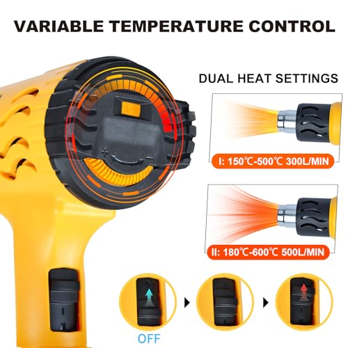 1800W Heat Gun, 100℉ to 1200℉ Heat Shrink Gun with 4 Nozzles | Variable Hot Air Gun with 2 Wind Speeds & 5 Temp Settings, 4 Nozzles For Crafts, Shrink Tubing, DIY Projects & PVC Bending - color: Yellow-4