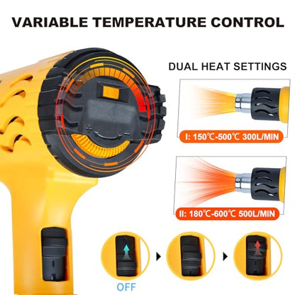 1800W Heat Gun, 100℉ to 1200℉ Heat Shrink Gun with 4 Nozzles | Variable Hot Air Gun with 2 Wind Speeds & 5 Temp Settings, 4 Nozzles For Crafts, Shrink Tubing, DIY Projects & PVC Bending - color: Yellow-4