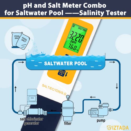 pH Meter and Salinity Tester Combo for Saltwater Pool and Aquarium | 6 in 1 pH Salt SG EC TDS Temp Meter for Reef Aquarium Seawater Tank Koi Fish Pond PPM and pH Water Tester for Hydroponics